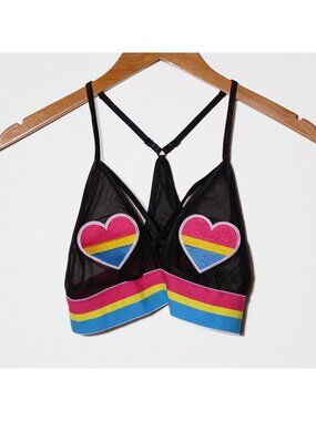 PAN Pride Sheer Mesh Bralette Embroidered Heart Patch Pasties Black Festival S/M